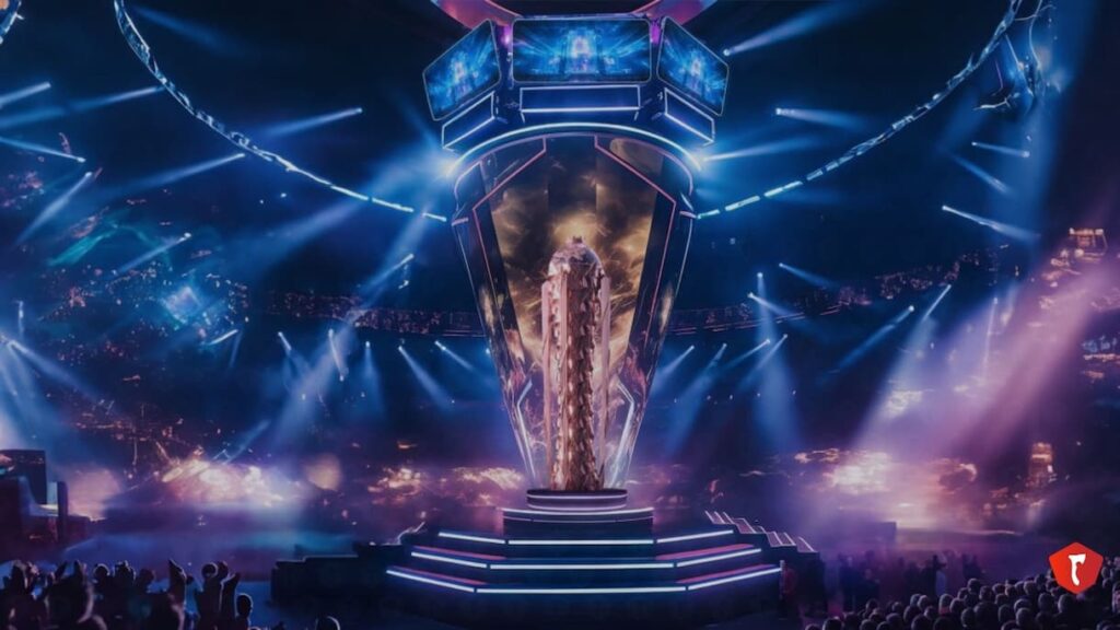 The main stage at the Esports World Cup with a massive golden monument to all of the competitors